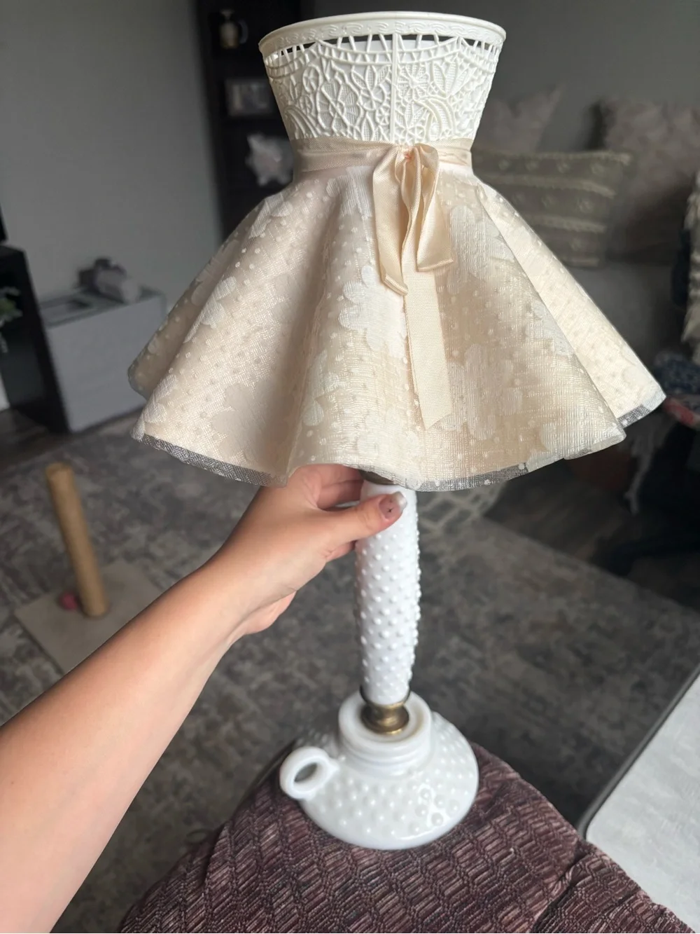 Vintage Elegant White Table Lamp with Cream Fabric Shade and Bow Accent